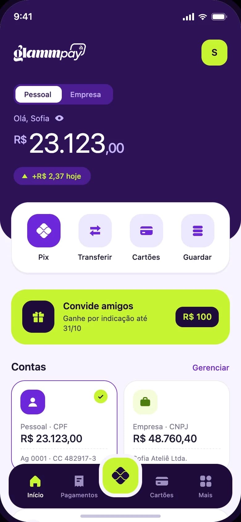 Tela inicial do app glammpay com saldo, atalhos e carteiras (imagem ilustrativa)